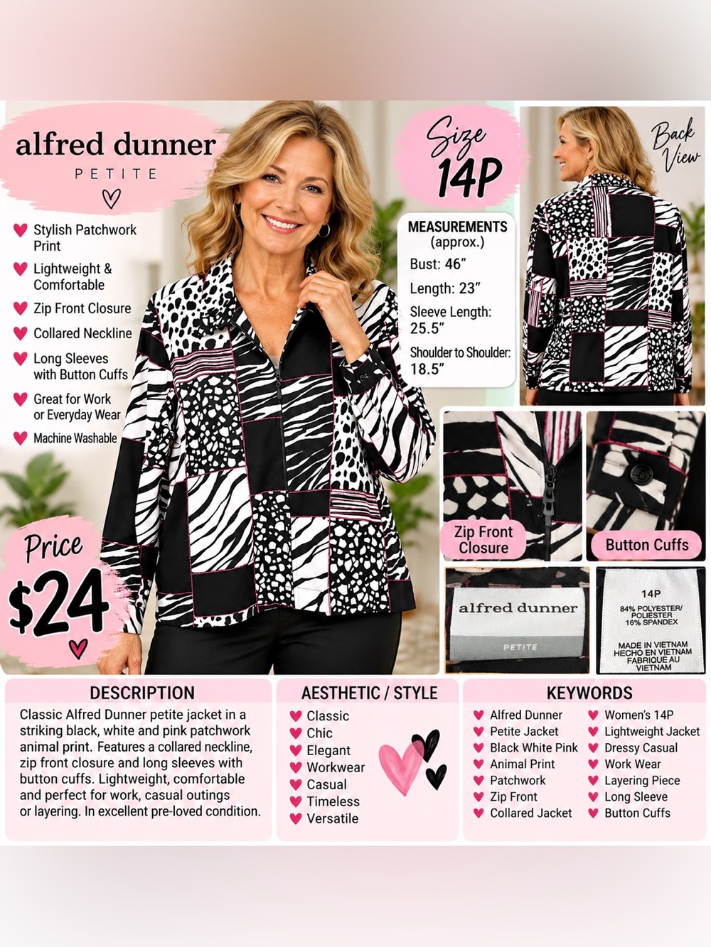 Alfred Dunner Color Block Jacket Black & White 14P Like New